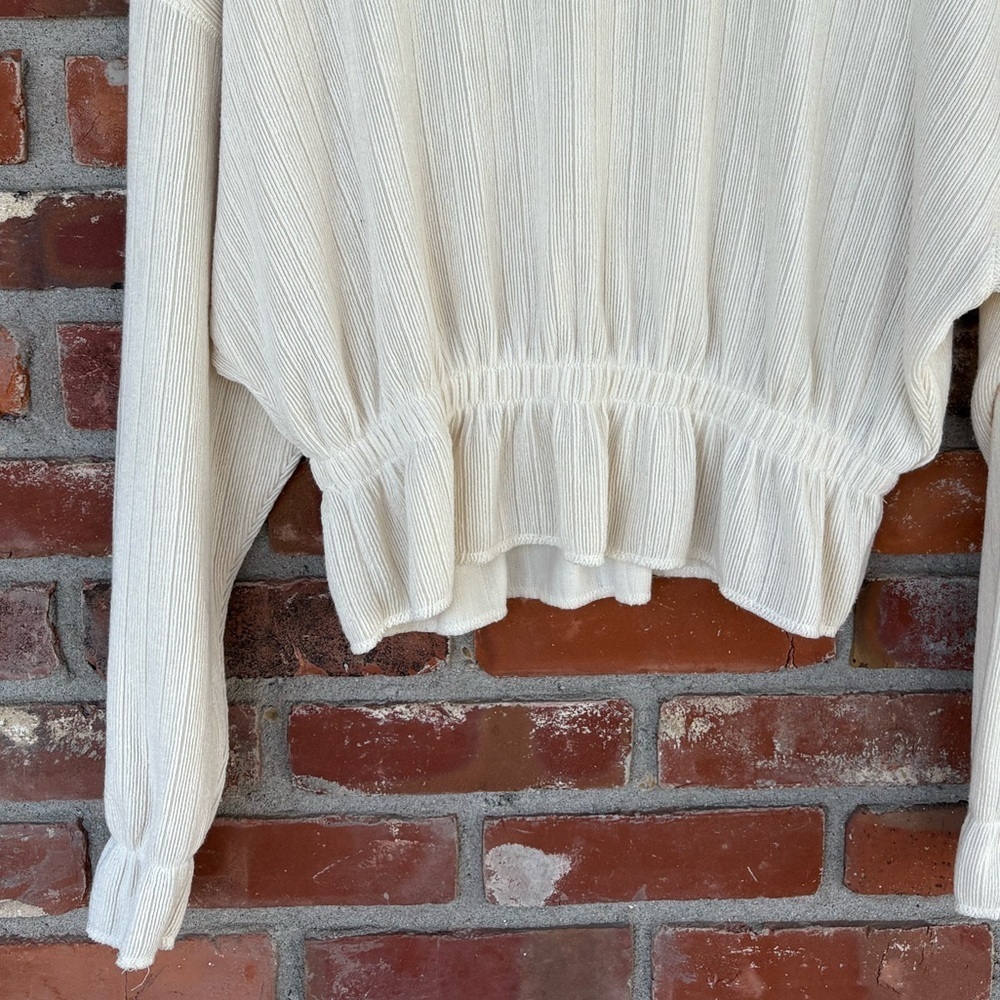 Zara Cream Ribbed Elastic Waist Sweater Top Sz Small Preowned - Picture 2 of 5